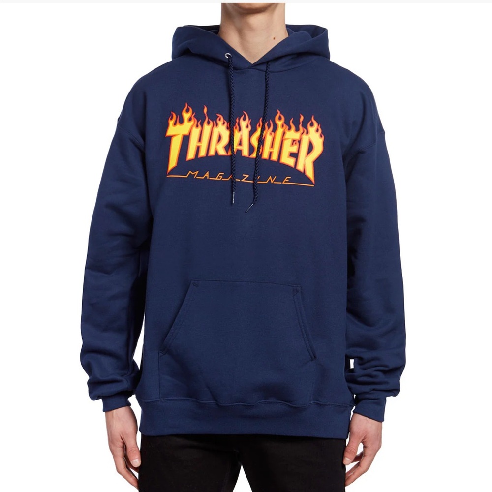 Thrasher Navy Hoodie with Yellow-Orange Flame Logo